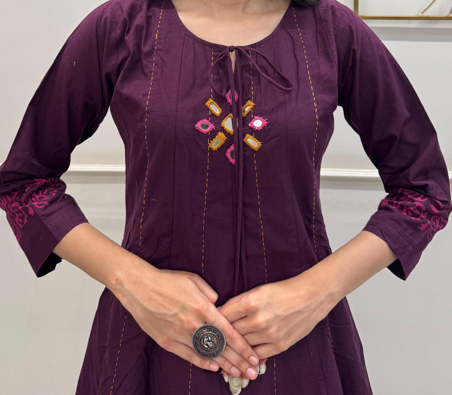Plum Cotton Kurta Dupatta Set With Delicate Block Print And Mirror Work With Tassels.