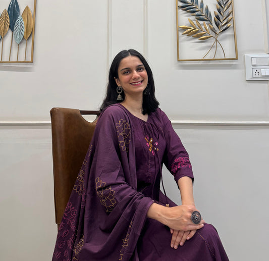 Plum Cotton Kurta Dupatta Set With Delicate Block Print And Mirror Work With Tassels.