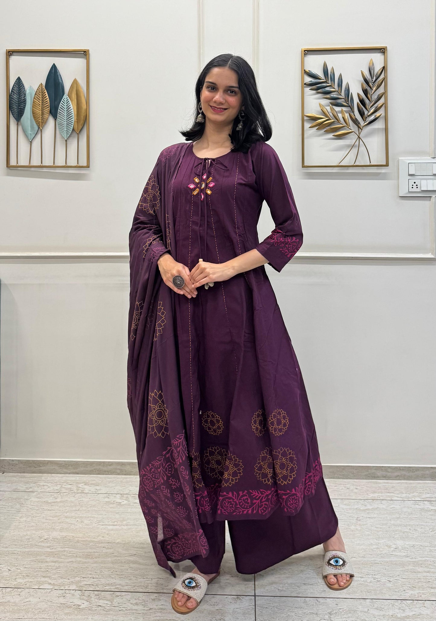 Plum Cotton Kurta Dupatta Set With Delicate Block Print And Mirror Work With Tassels.