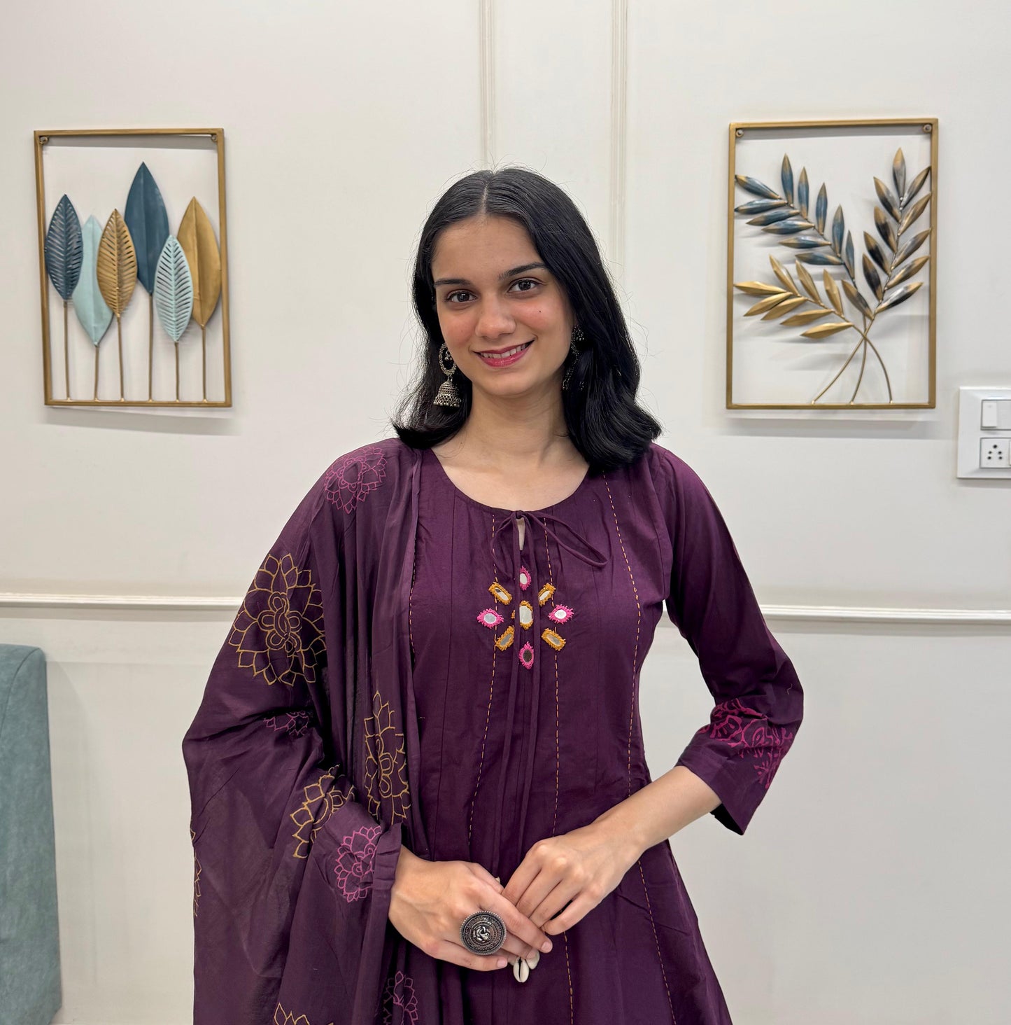 Plum Cotton Kurta Dupatta Set With Delicate Block Print And Mirror Work With Tassels.