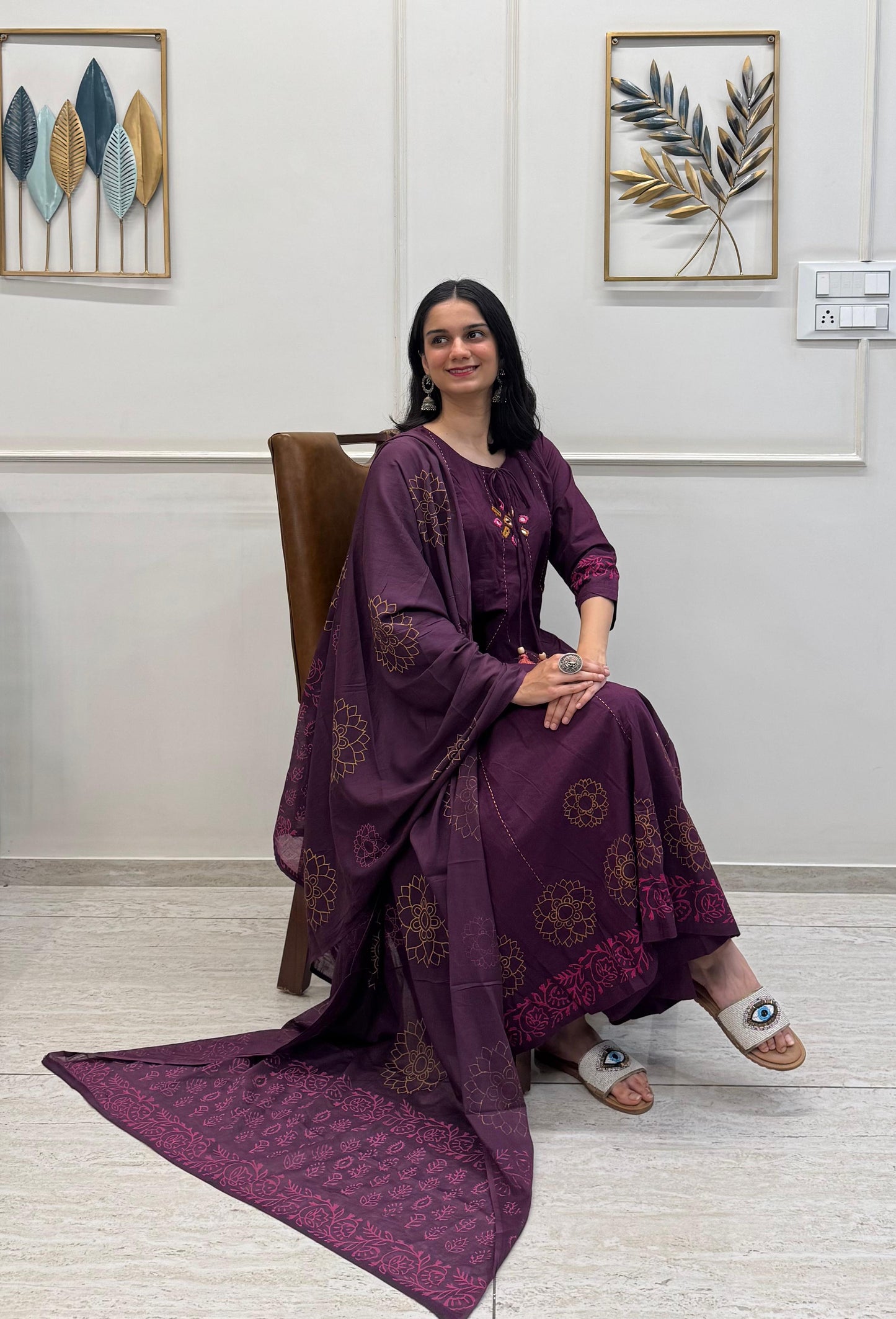 Plum Cotton Kurta Dupatta Set With Delicate Block Print And Mirror Work With Tassels.
