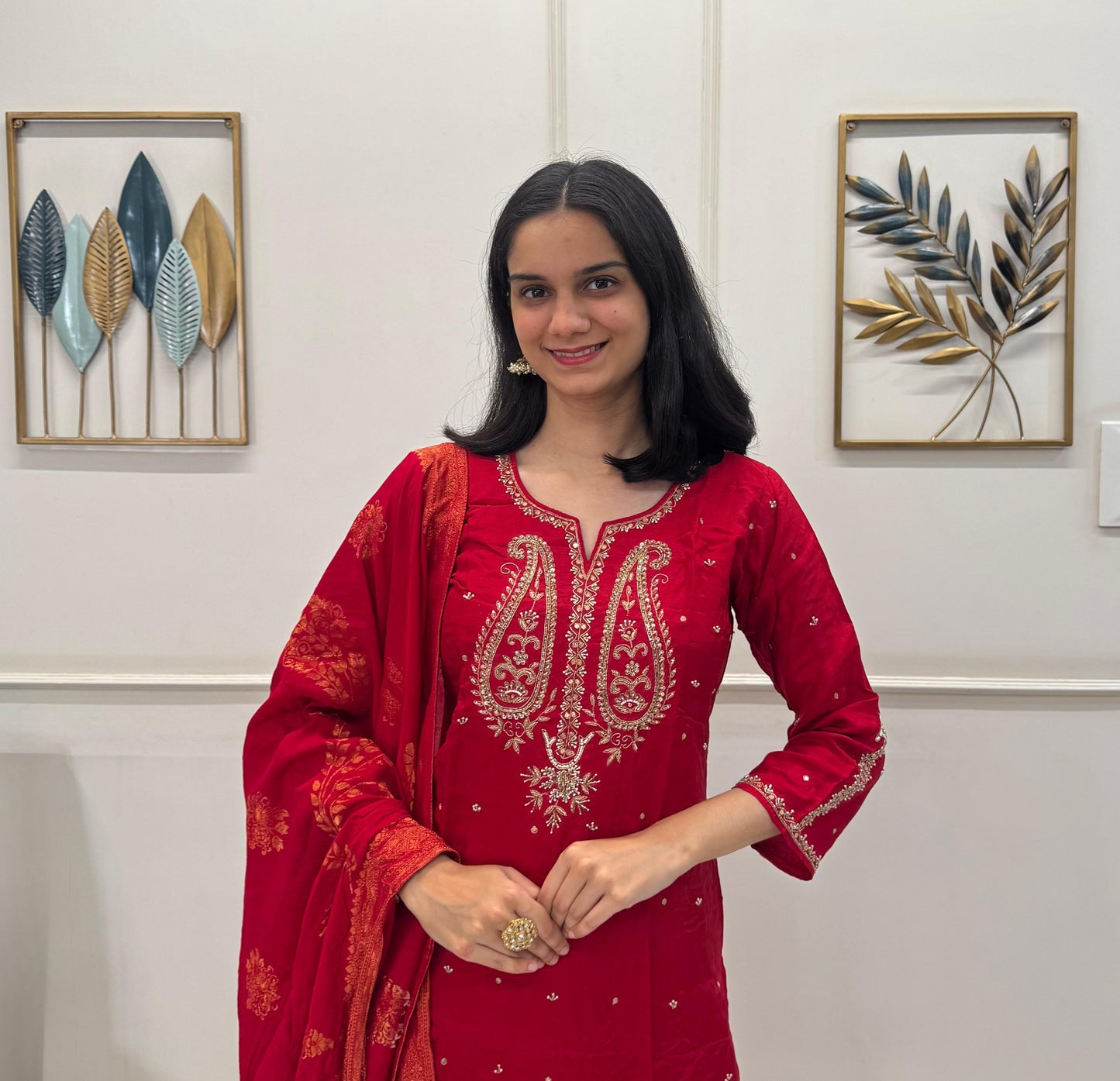 Dola Silk With Handwork On The Neck And Sleeves With Banarasi Dupatta.