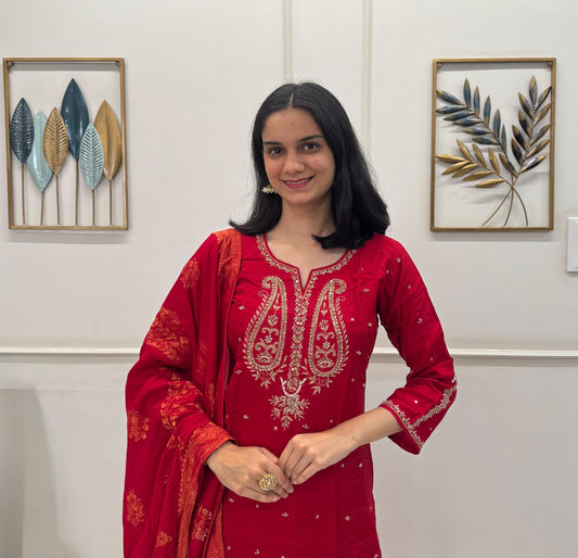 Dola Silk With Handwork On The Neck And Sleeves With Banarasi Dupatta.