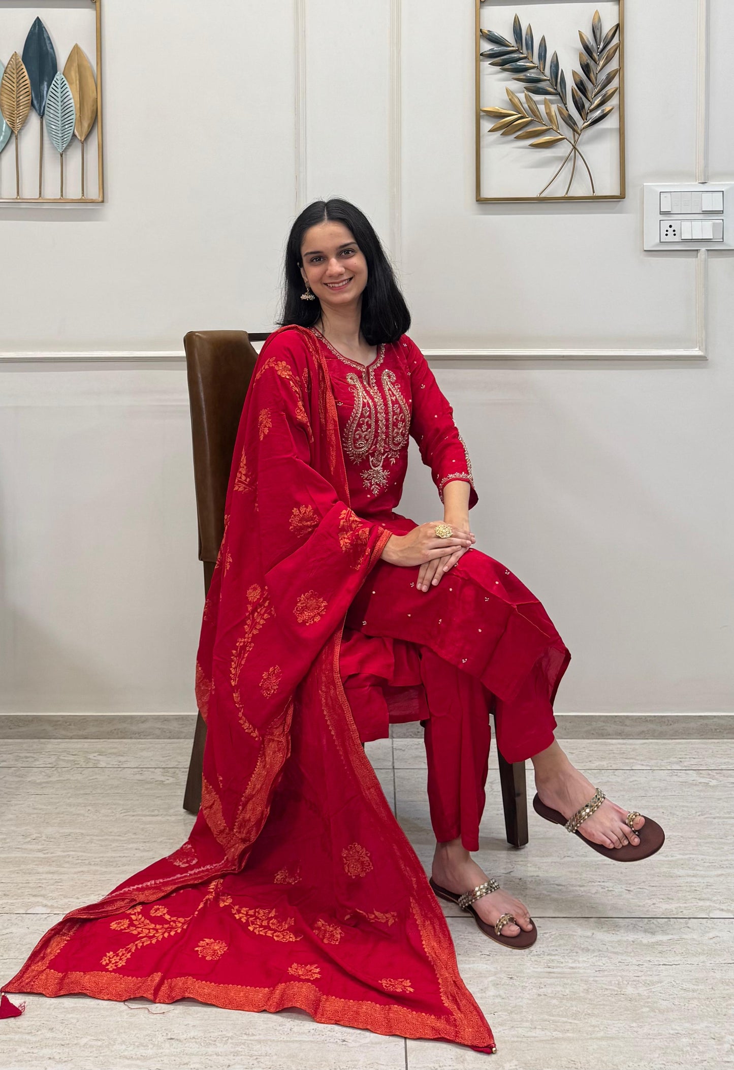 Dola Silk With Handwork On The Neck And Sleeves With Banarasi Dupatta.
