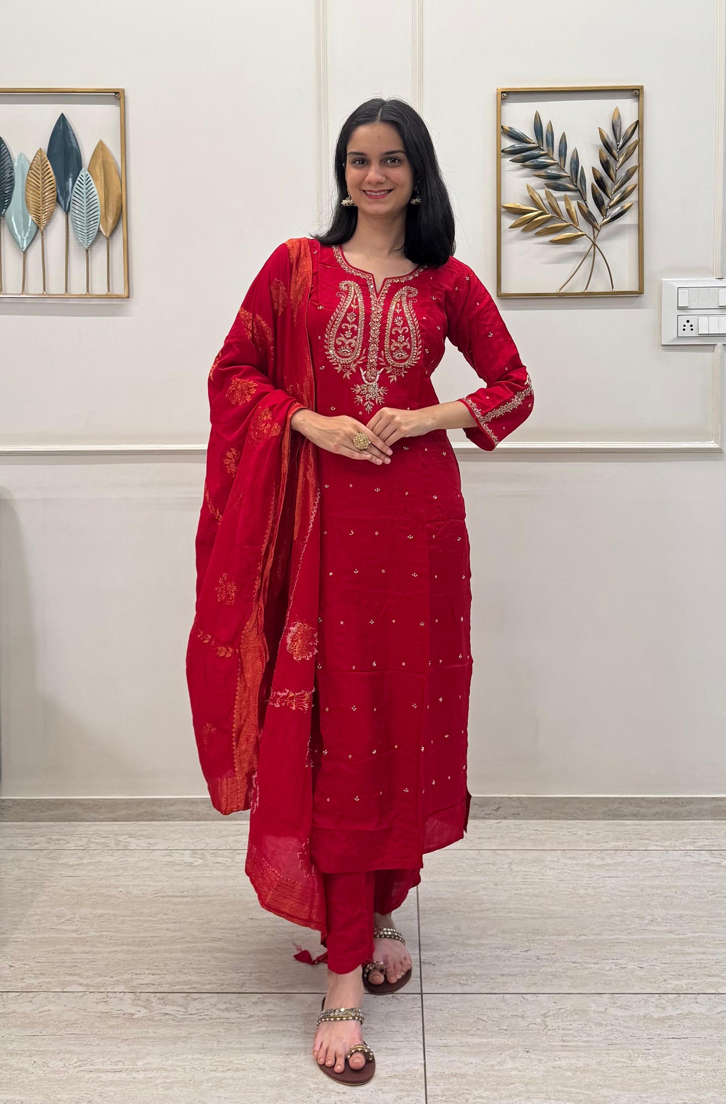 Dola Silk With Handwork On The Neck And Sleeves With Banarasi Dupatta.