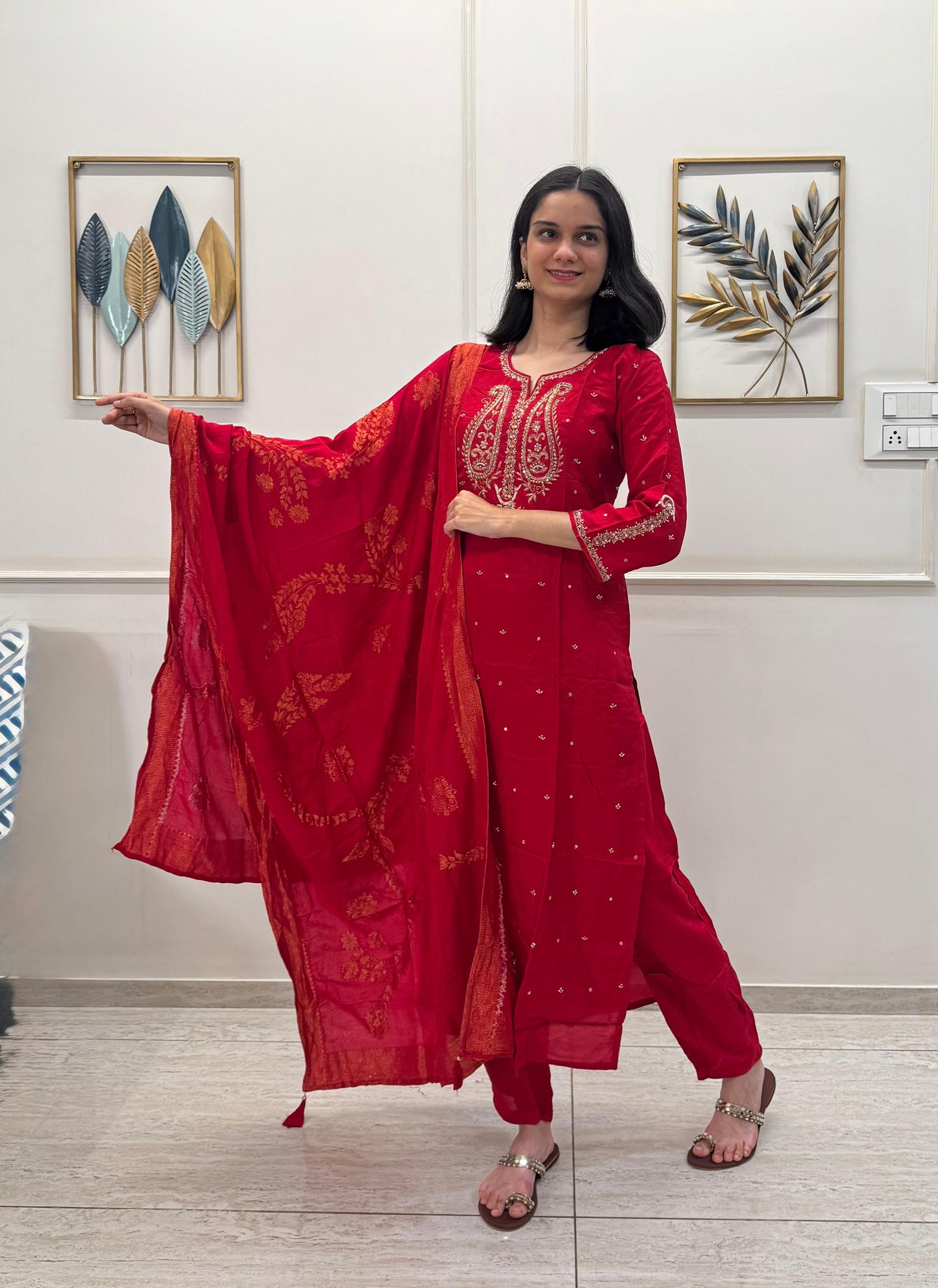 Dola Silk With Handwork On The Neck And Sleeves With Banarasi Dupatta.