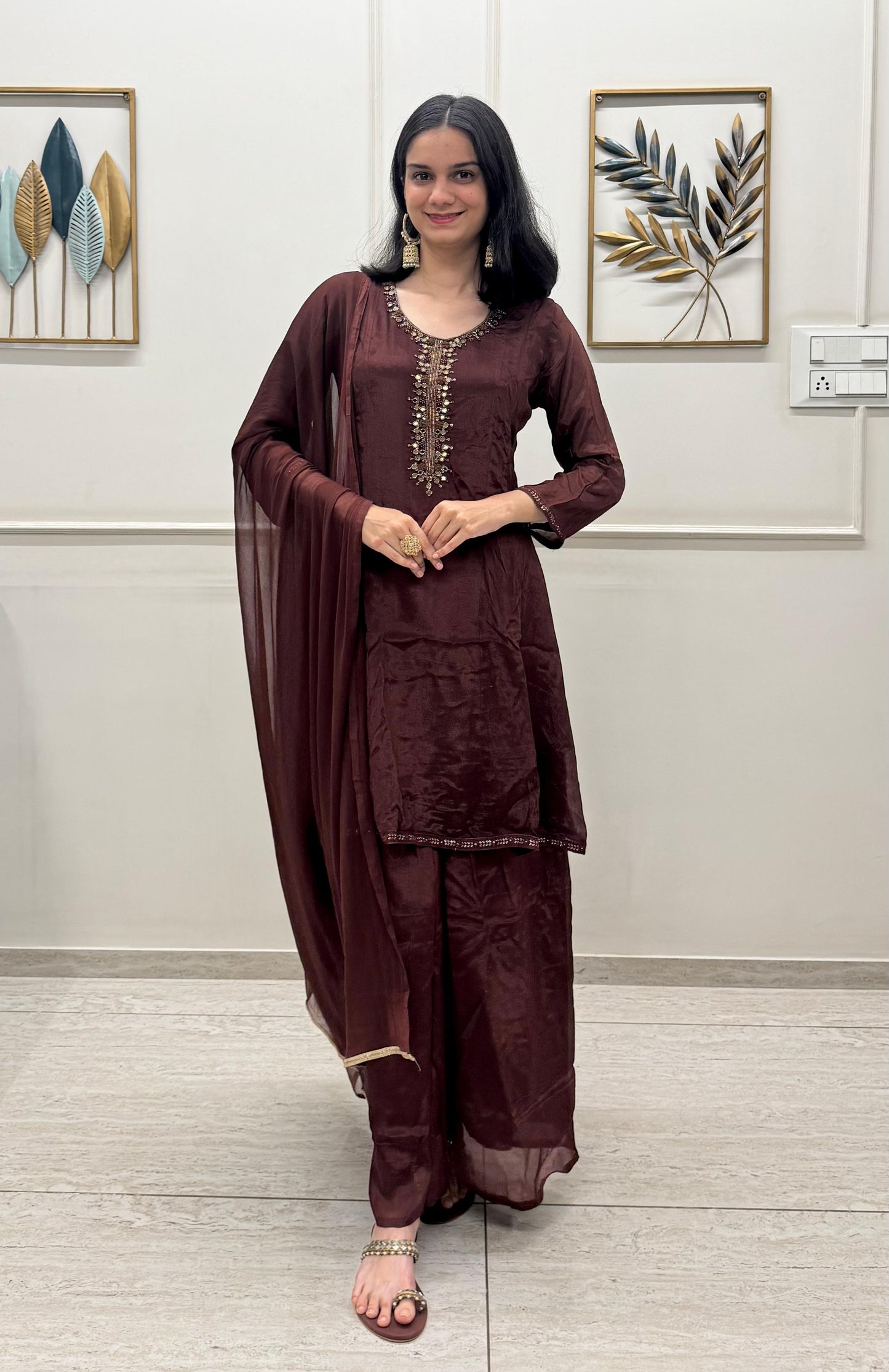 Chinon Silk Indo-Western Set With Intricate Handwork On The Neckline