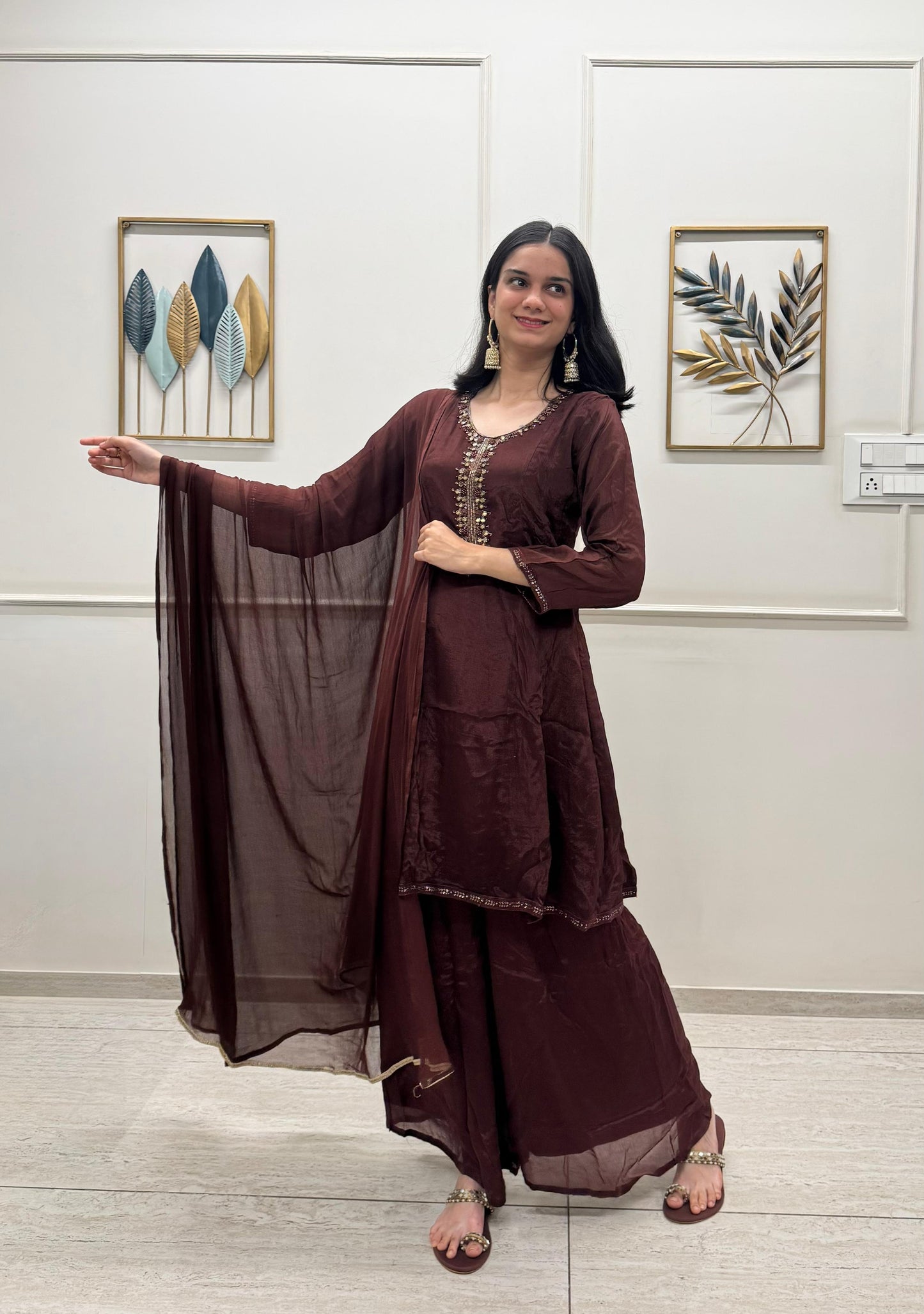 Chinon Silk Indo-Western Set With Intricate Handwork On The Neckline