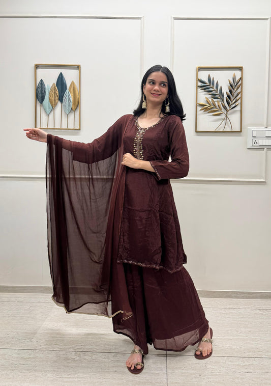 Chinon Silk Indo-Western Set With Intricate Handwork On The Neckline