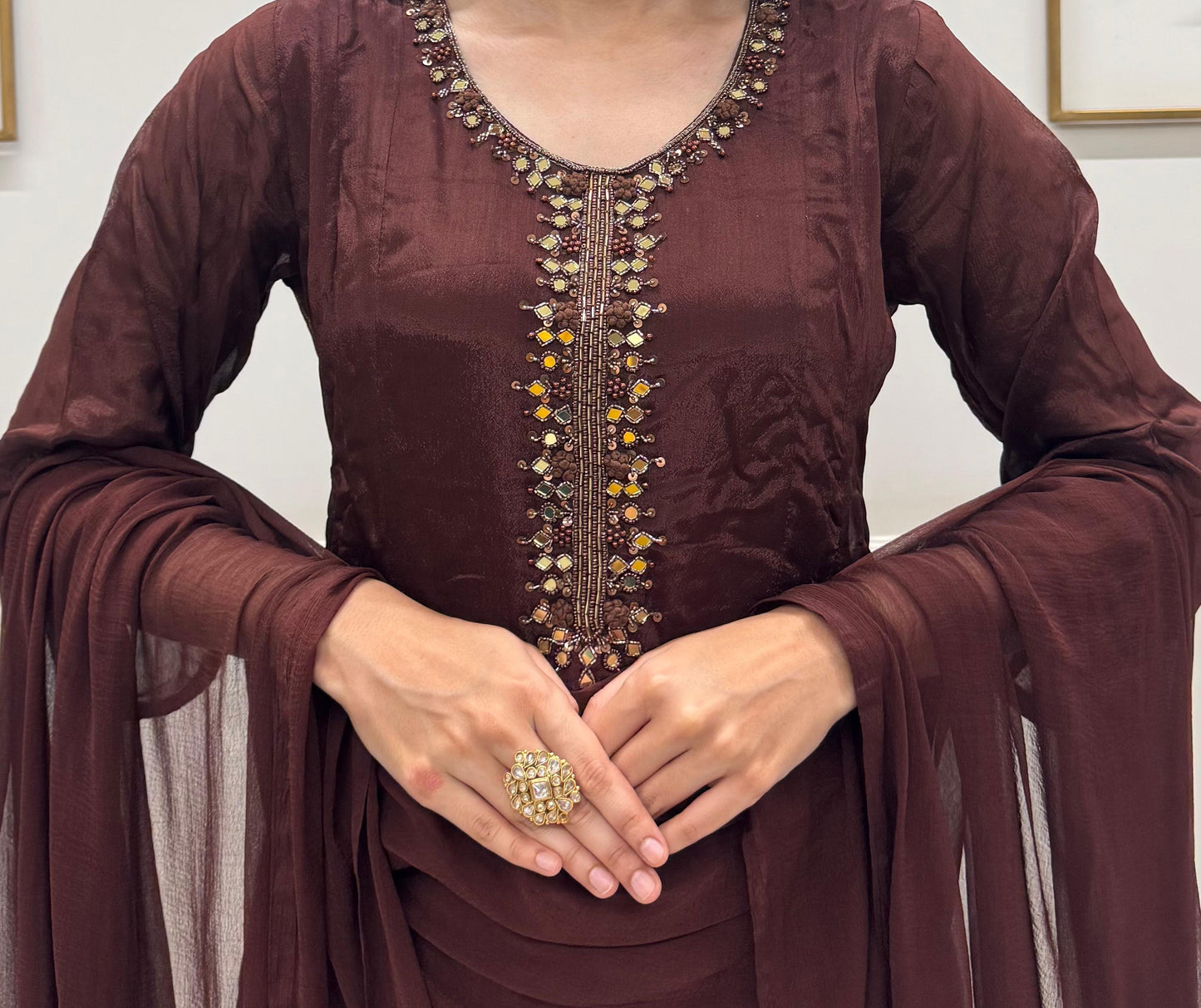 Chinon Silk Indo-Western Set With Intricate Handwork On The Neckline