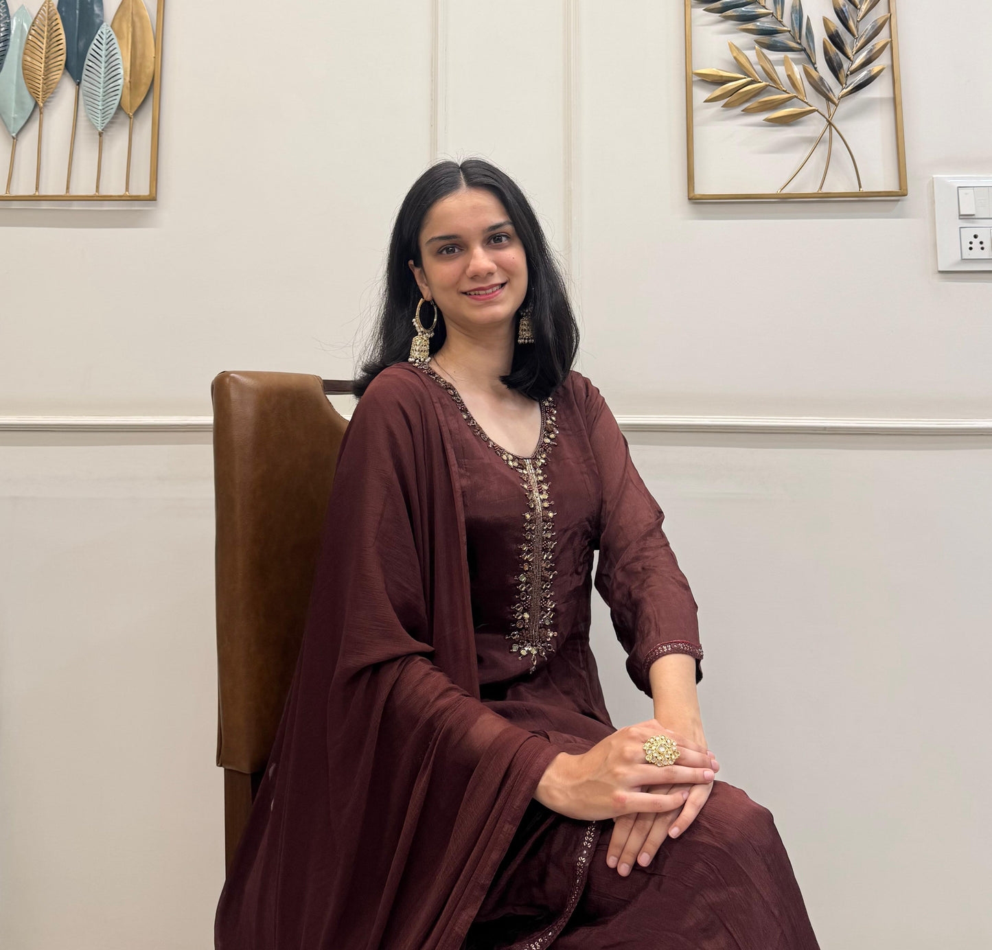 Chinon Silk Indo-Western Set With Intricate Handwork On The Neckline