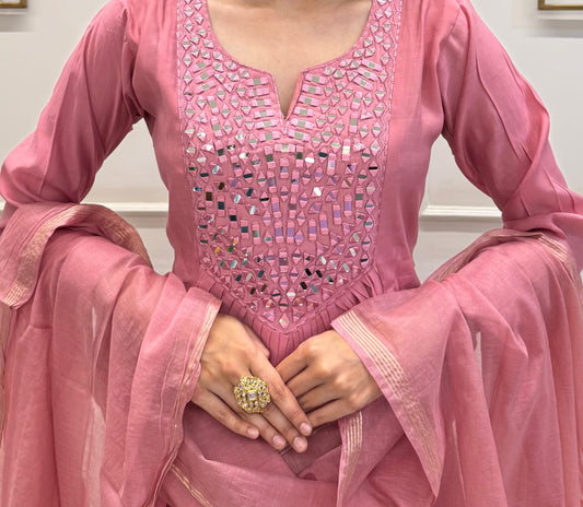 Blush Pink Muslin With A Flowy Flare And Intricate Mirror Detailing On The Yoke.