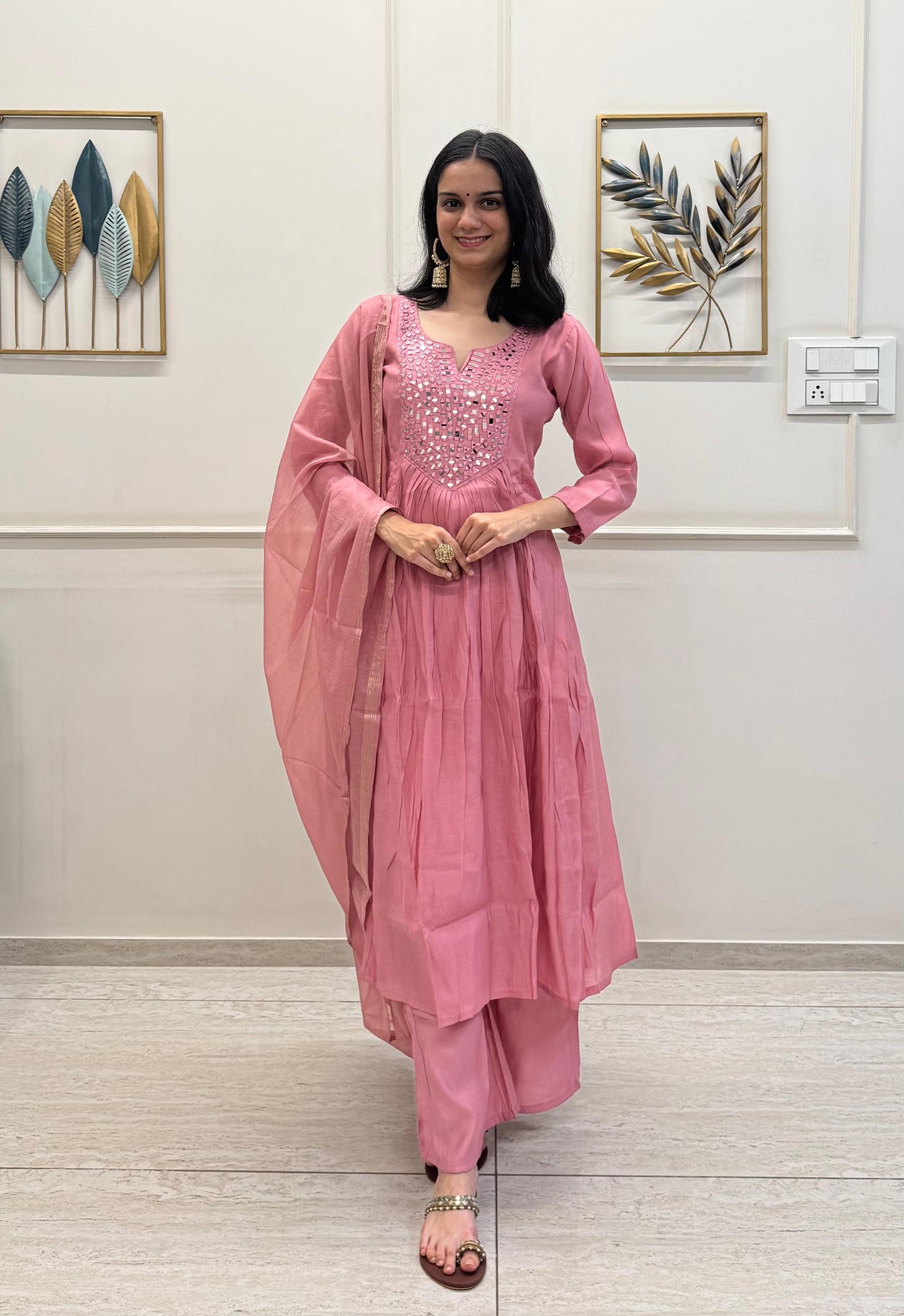 Blush Pink Muslin With A Flowy Flare And Intricate Mirror Detailing On The Yoke.