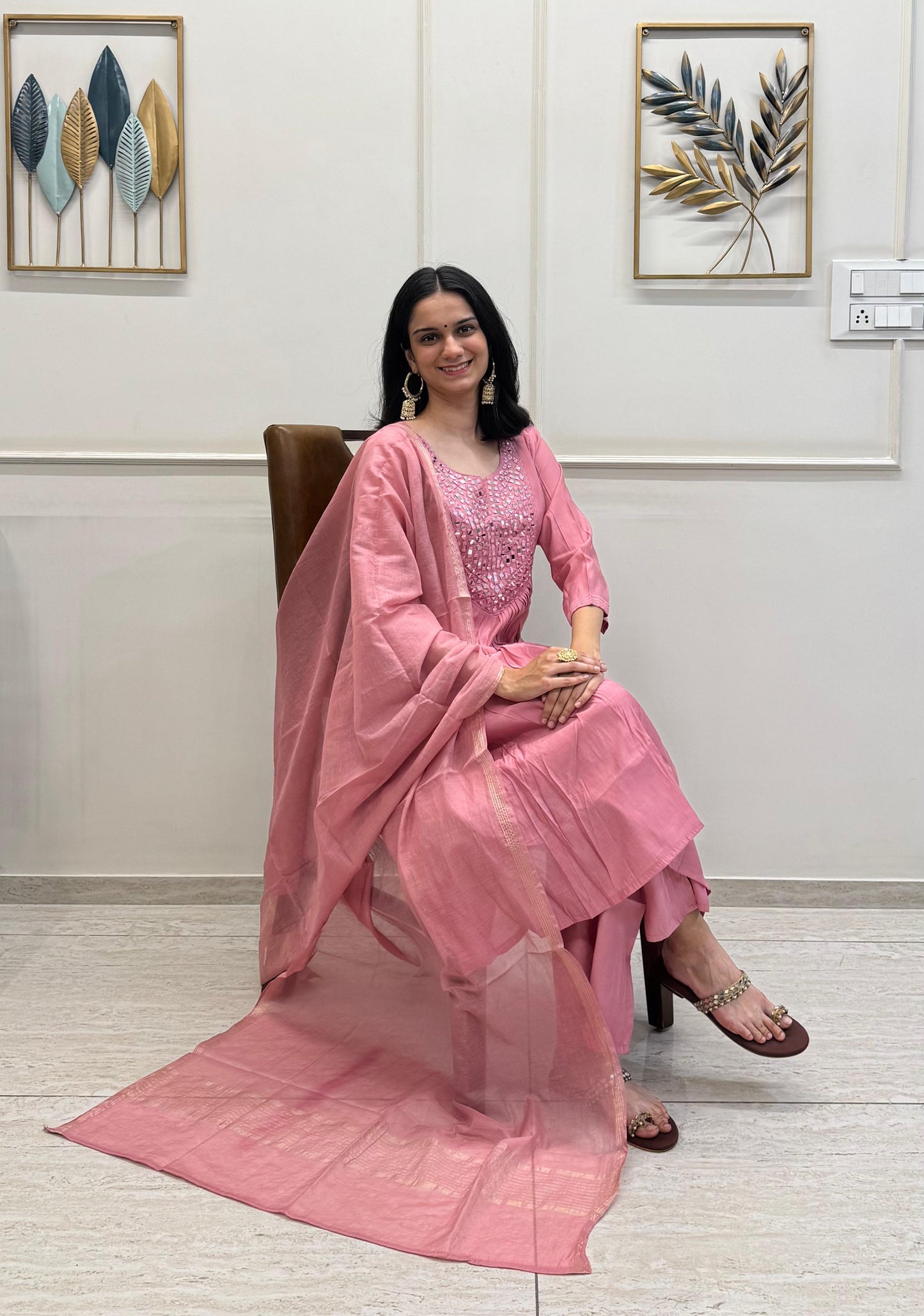 Blush Pink Muslin With A Flowy Flare And Intricate Mirror Detailing On The Yoke.