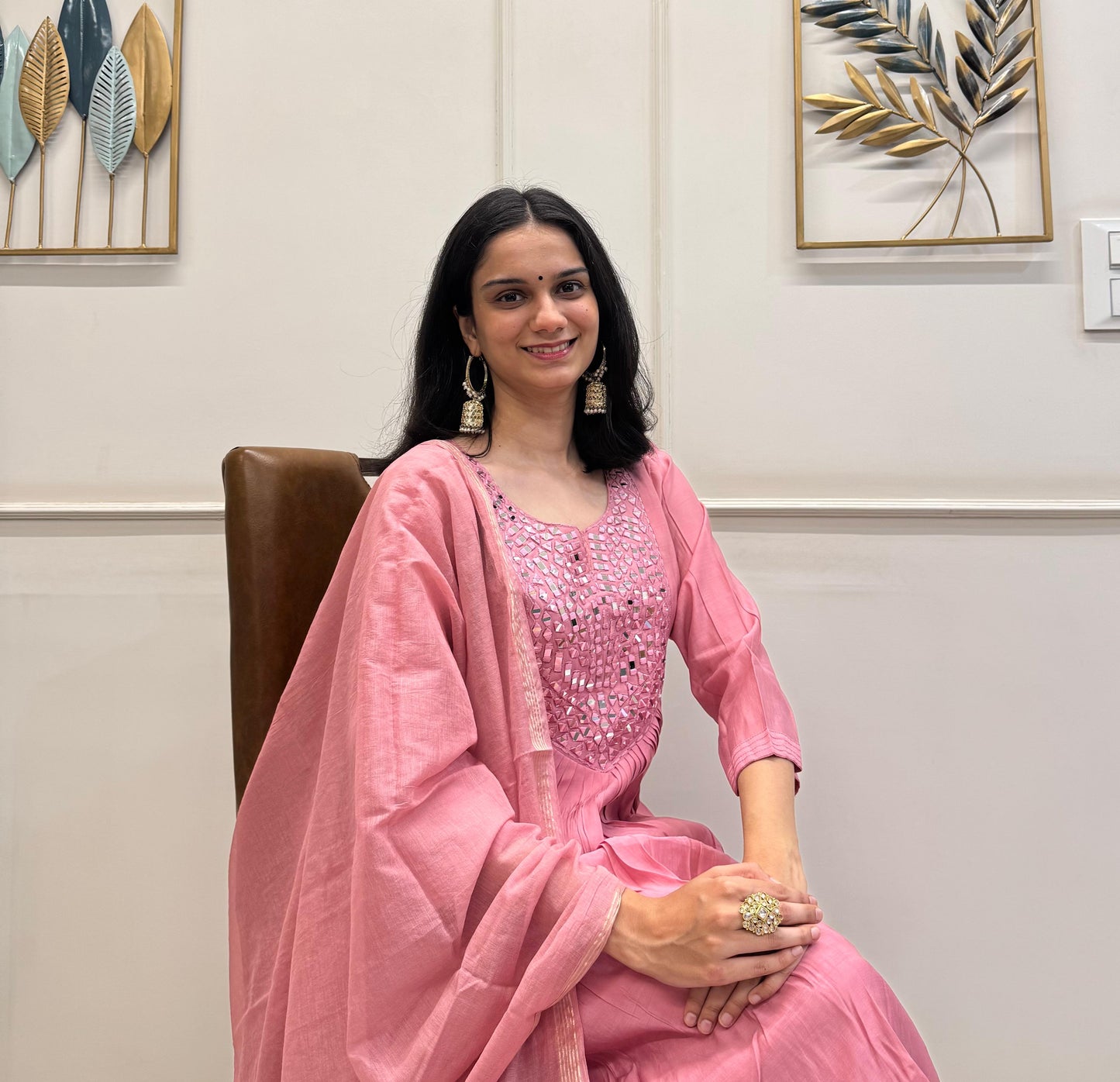 Blush Pink Muslin With A Flowy Flare And Intricate Mirror Detailing On The Yoke.