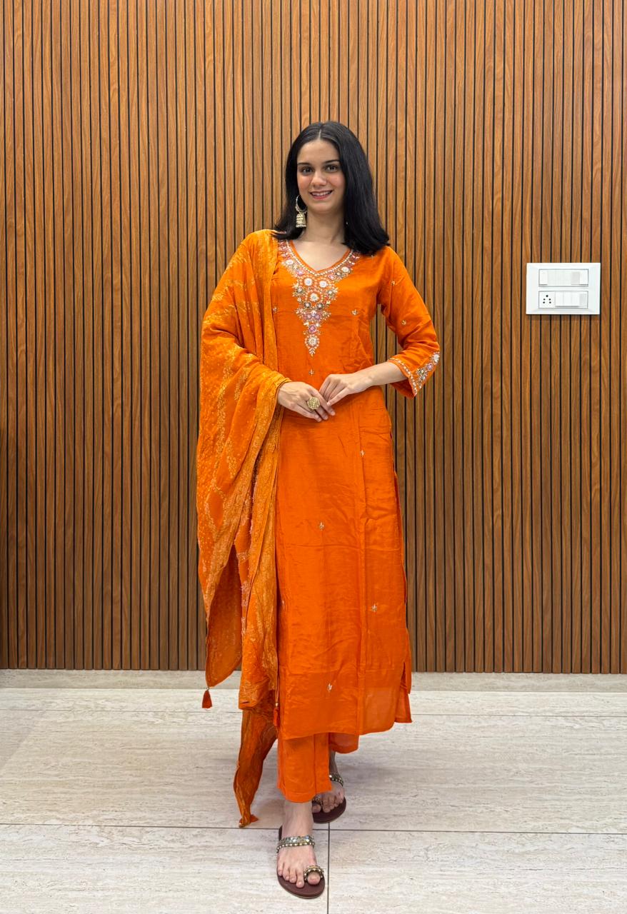Orange Dola Silk Outfit With Fine Hand Work.