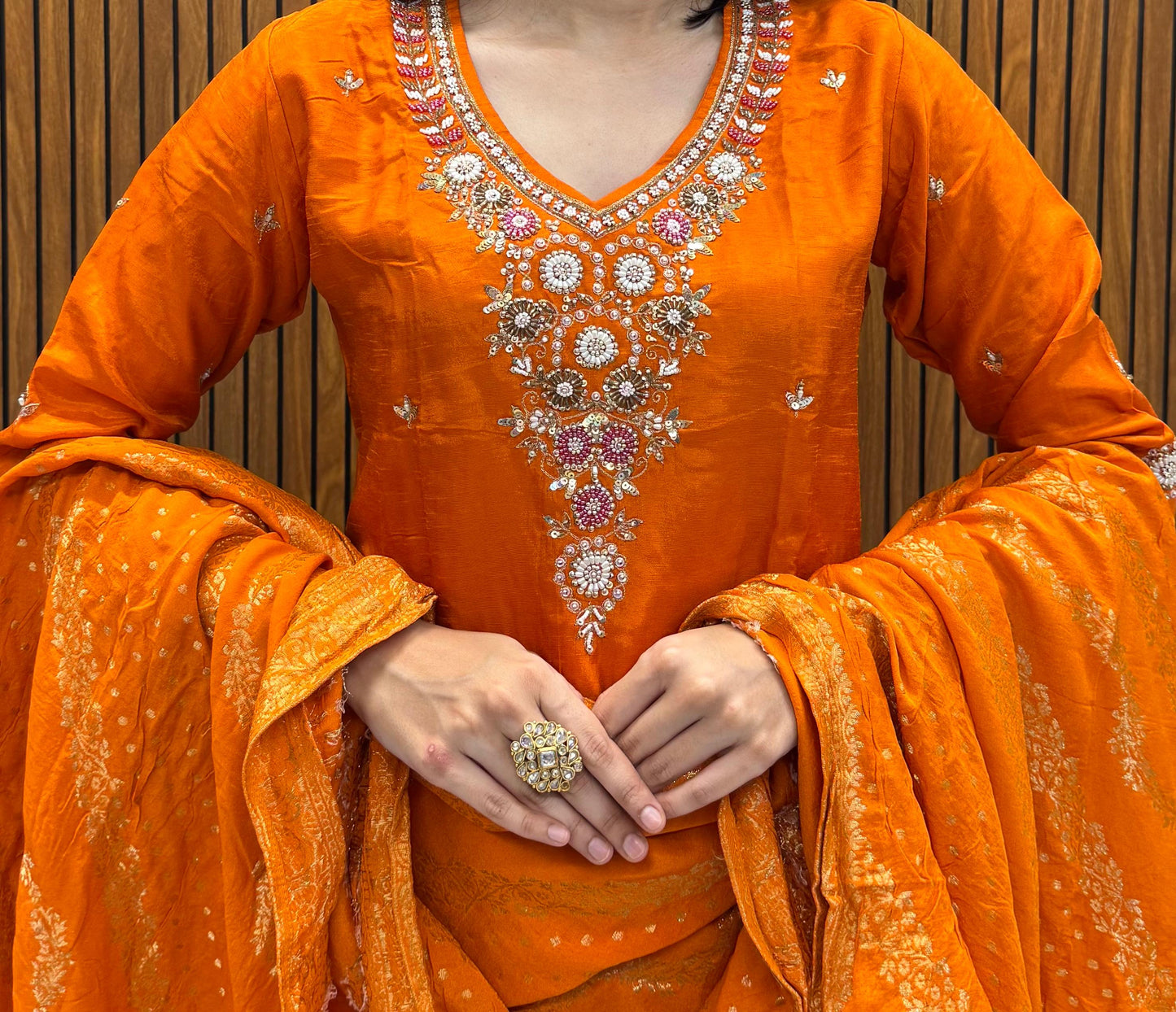Orange Dola Silk Outfit With Fine Hand Work.