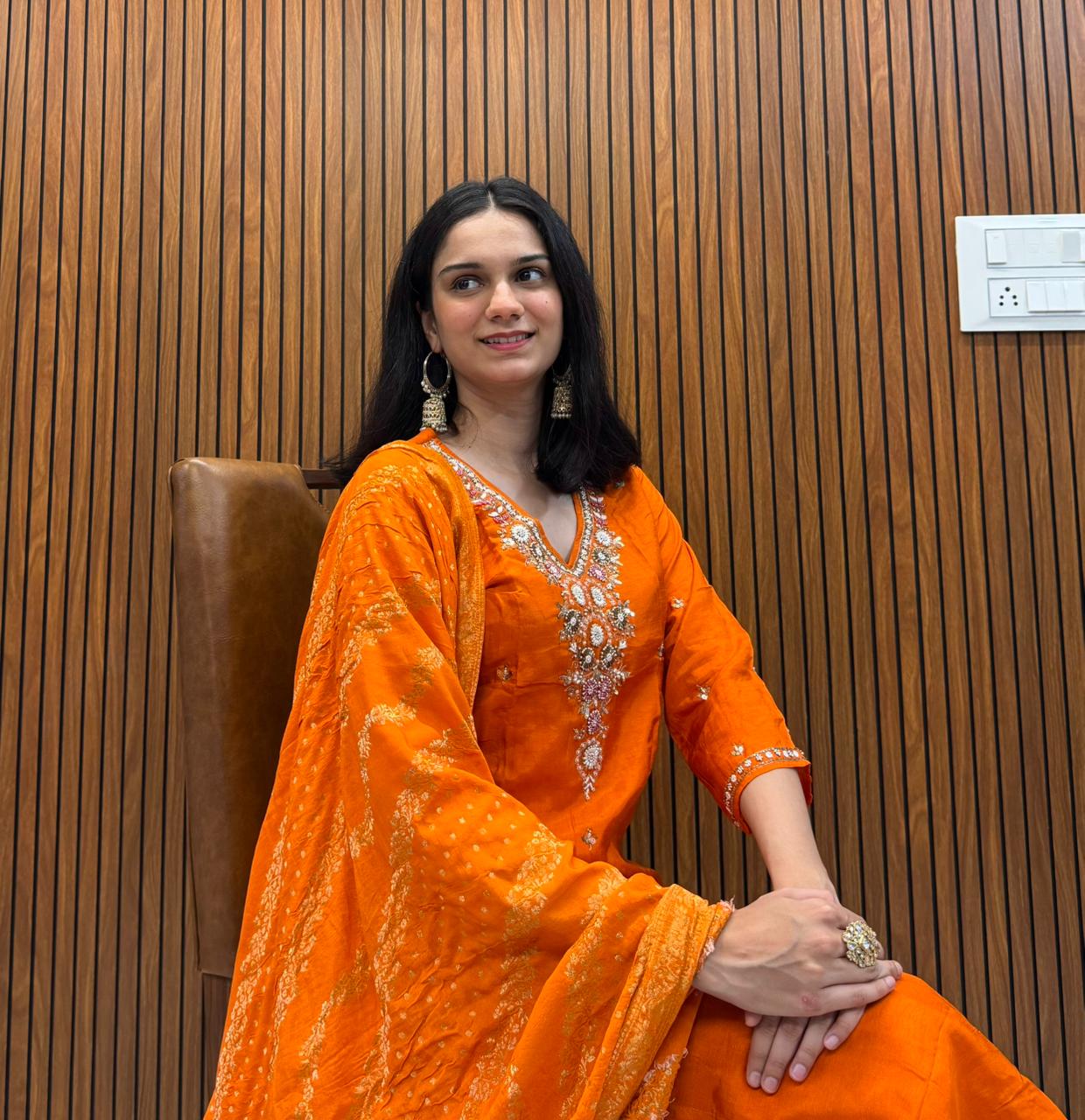 Orange Dola Silk Outfit With Fine Hand Work.
