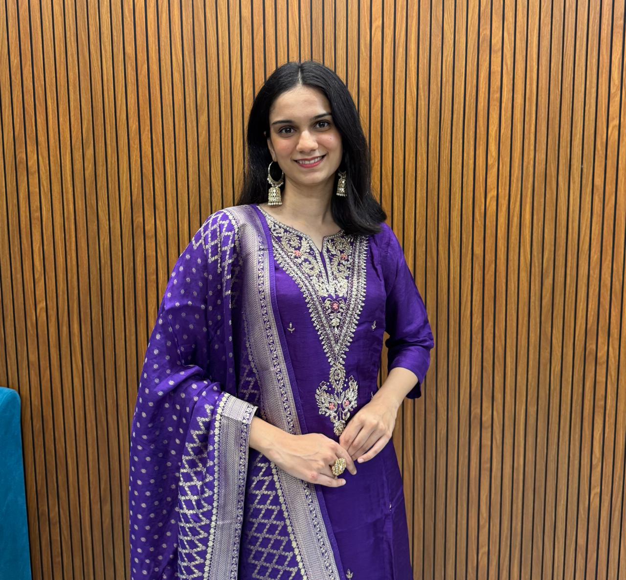 Royal Purple Dola Silk  Indo-Western Set With Heavy Handwork And A Divider Palazzo.