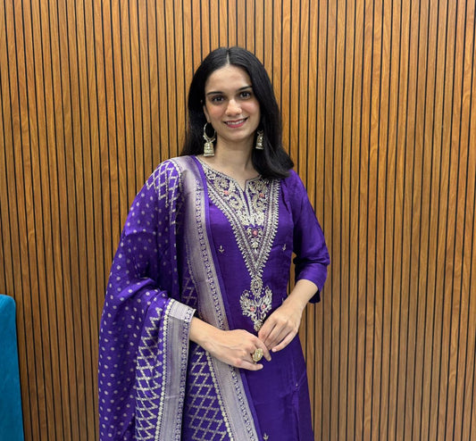 Royal Purple Dola Silk  Indo-Western Set With Heavy Handwork And A Divider Palazzo.