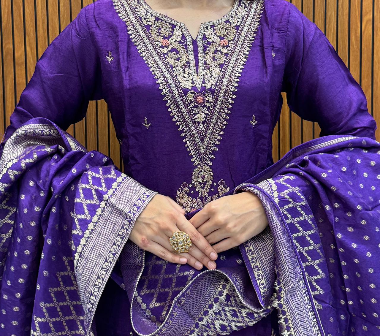 Royal Purple Dola Silk  Indo-Western Set With Heavy Handwork And A Divider Palazzo.
