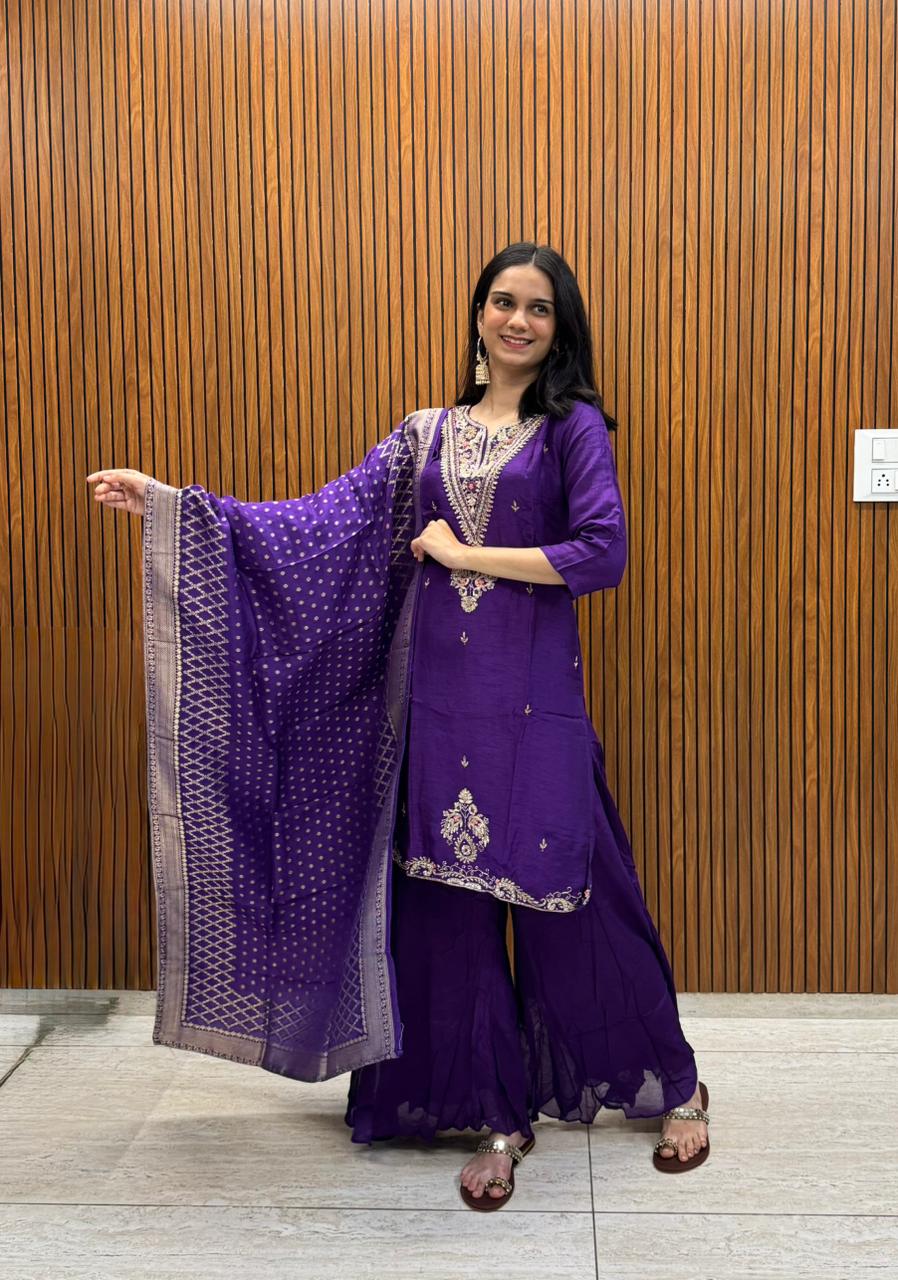 Royal Purple Dola Silk  Indo-Western Set With Heavy Handwork And A Divider Palazzo.