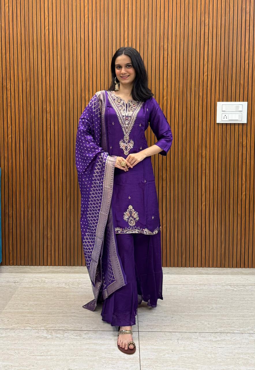 Royal Purple Dola Silk  Indo-Western Set With Heavy Handwork And A Divider Palazzo.