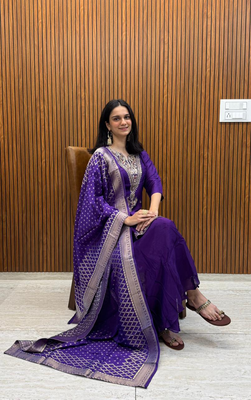 Royal Purple Dola Silk  Indo-Western Set With Heavy Handwork And A Divider Palazzo.