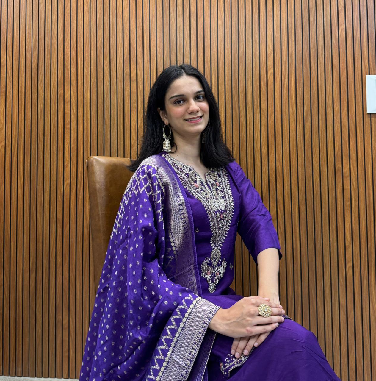 Royal Purple Dola Silk  Indo-Western Set With Heavy Handwork And A Divider Palazzo.