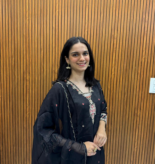 Black Silk Kurta Palazzo Dupatta Set With Embroidery Work.