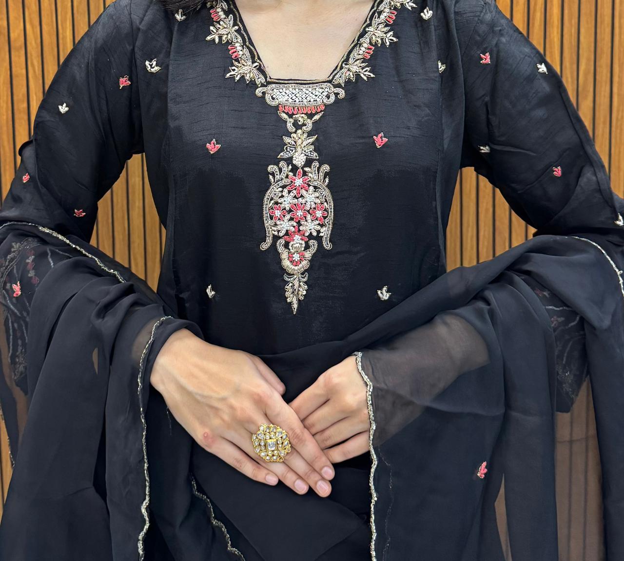 Black Silk Kurta Palazzo Dupatta Set With Embroidery Work.