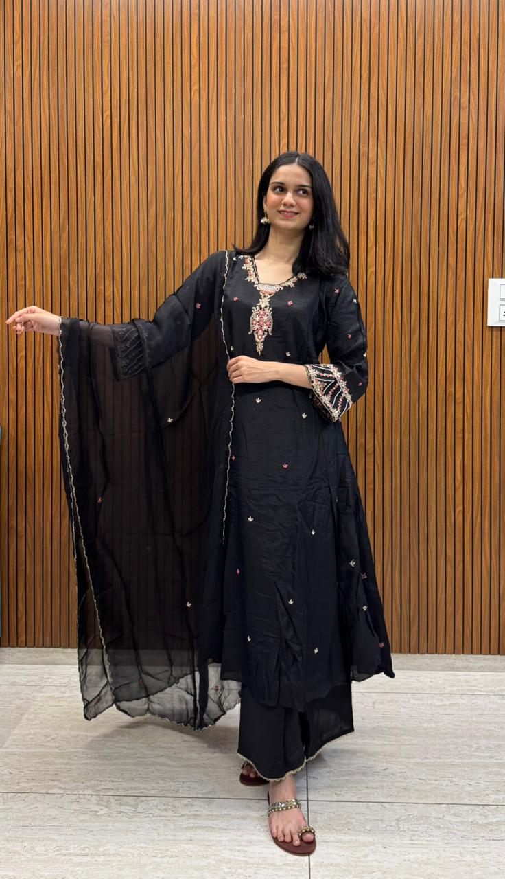 Black Silk Kurta Palazzo Dupatta Set With Embroidery Work.