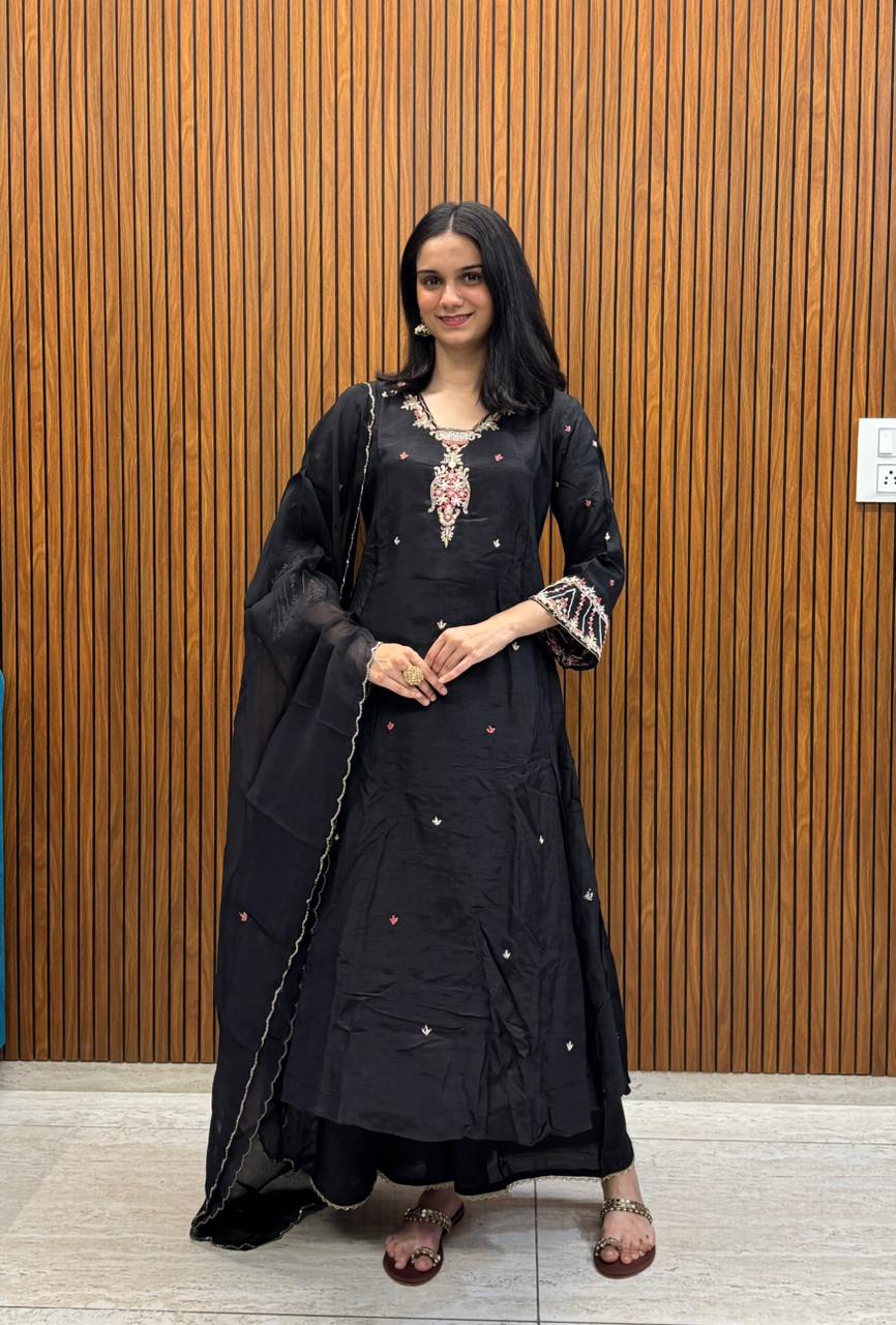 Black Silk Kurta Palazzo Dupatta Set With Embroidery Work.