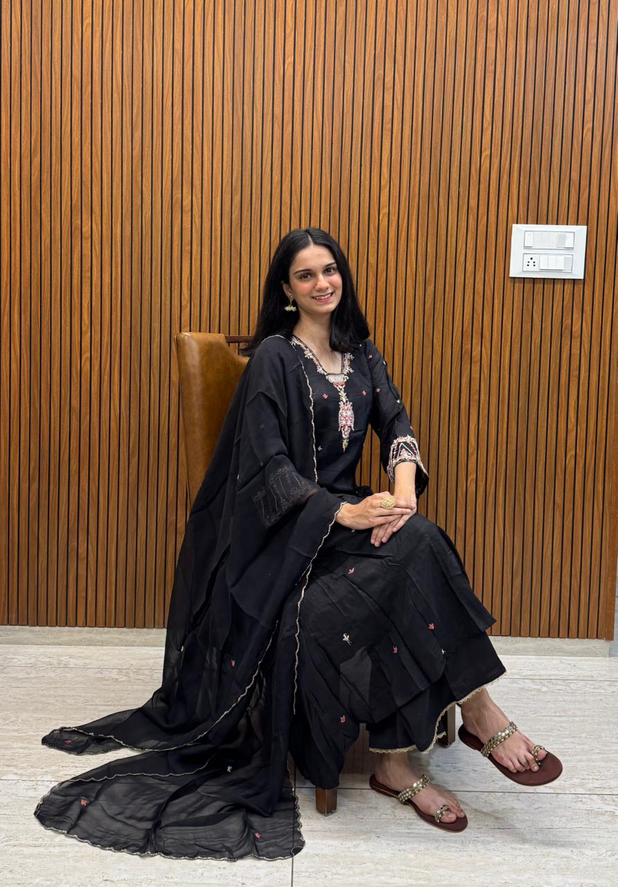 Black Silk Kurta Palazzo Dupatta Set With Embroidery Work.