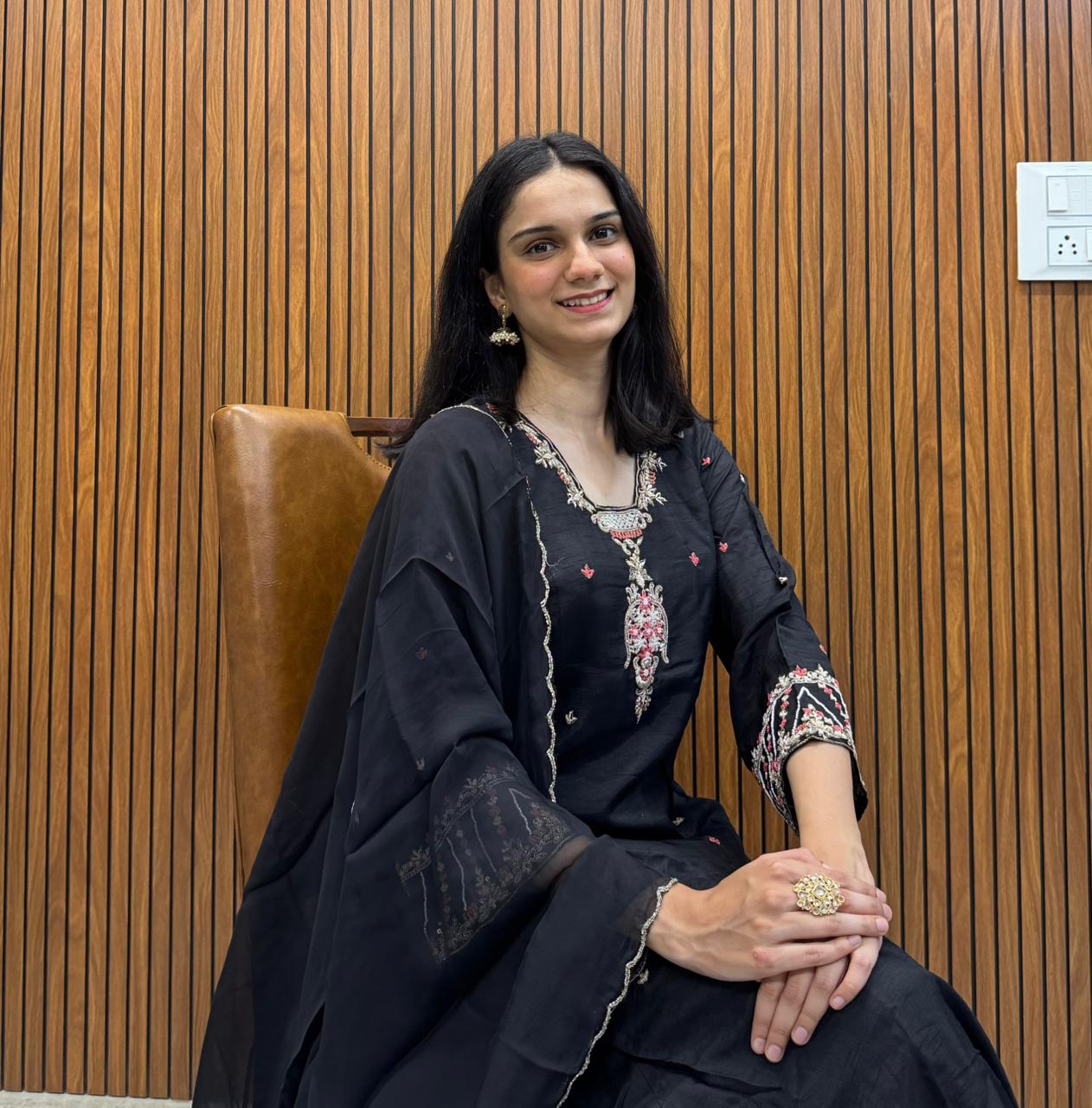 Black Silk Kurta Palazzo Dupatta Set With Embroidery Work.