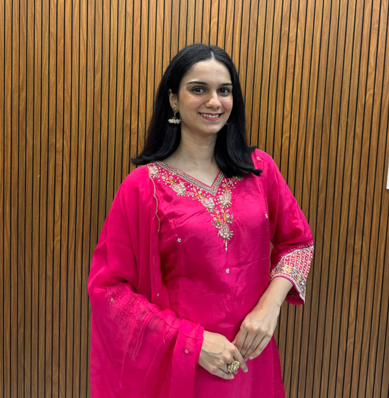 Pink Silk Kurta Palazzo Dupatta Set With Hand Embroidery Work.