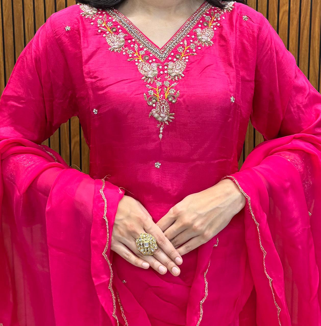 Pink Silk Kurta Palazzo Dupatta Set With Hand Embroidery Work.