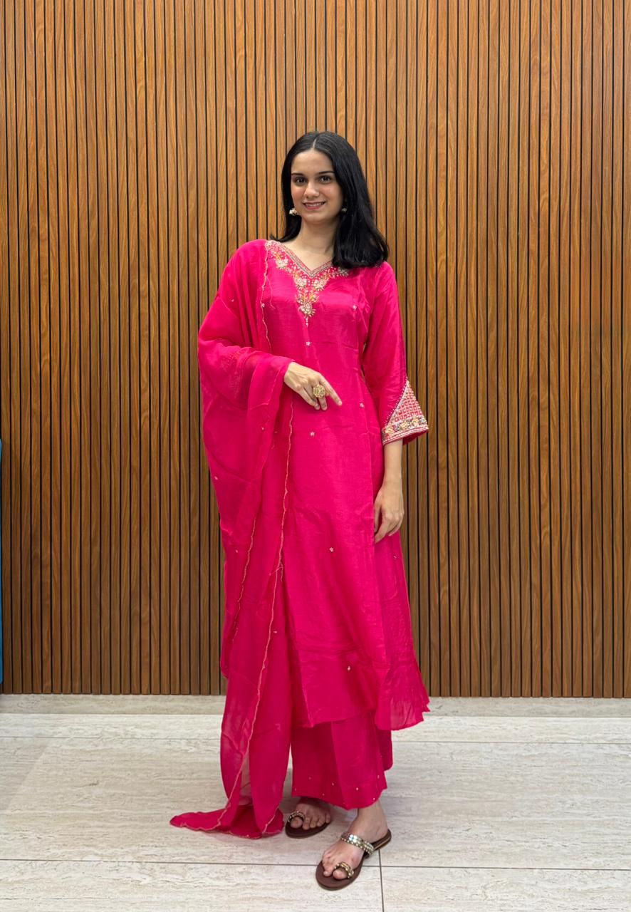 Pink Silk Kurta Palazzo Dupatta Set With Hand Embroidery Work.