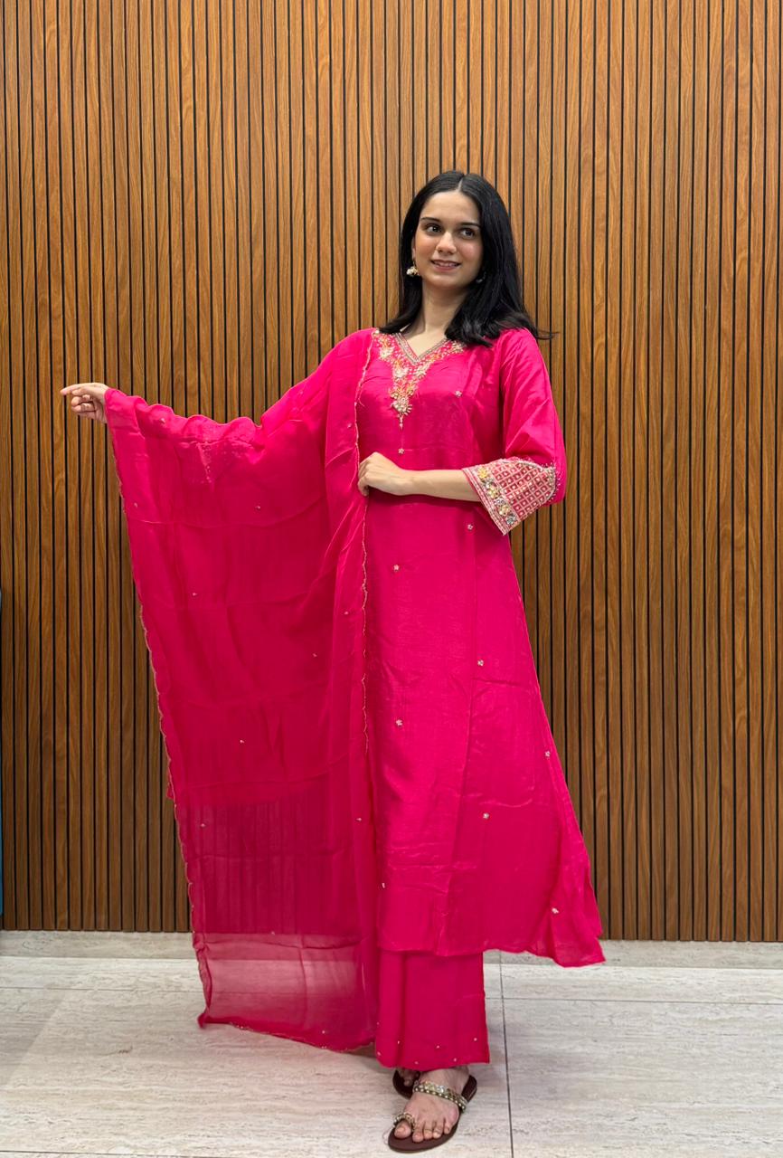 Pink Silk Kurta Palazzo Dupatta Set With Hand Embroidery Work.