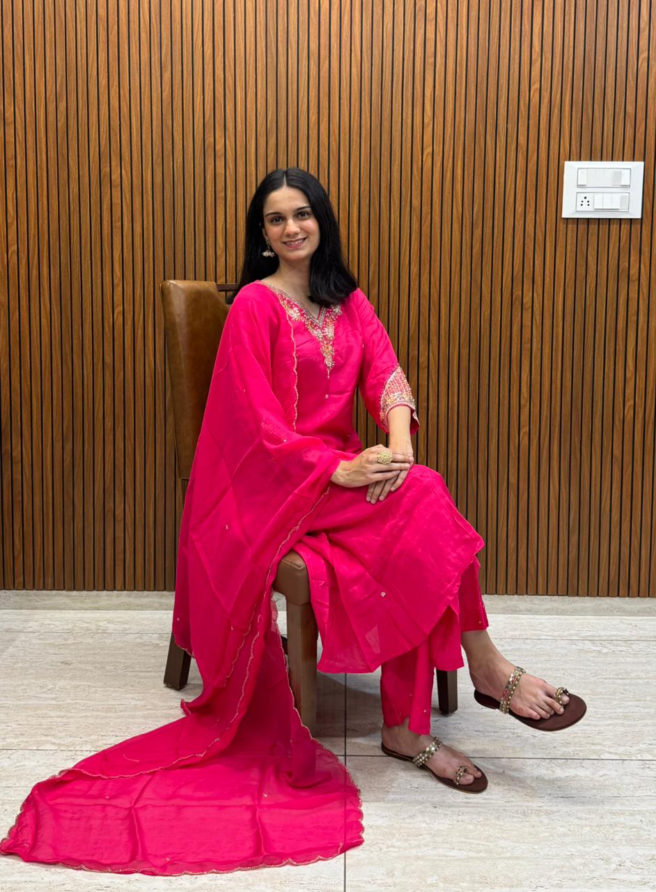 Pink Silk Kurta Palazzo Dupatta Set With Hand Embroidery Work.