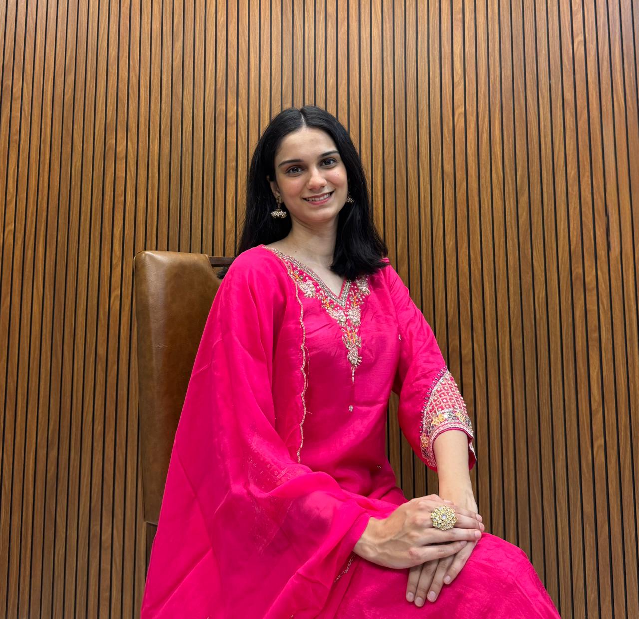 Pink Silk Kurta Palazzo Dupatta Set With Hand Embroidery Work.