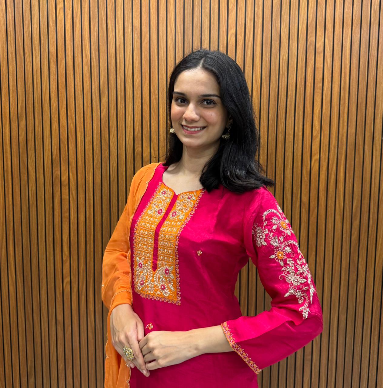 Pink Kurta Pant Dupatta Set With Hand Embroidery.