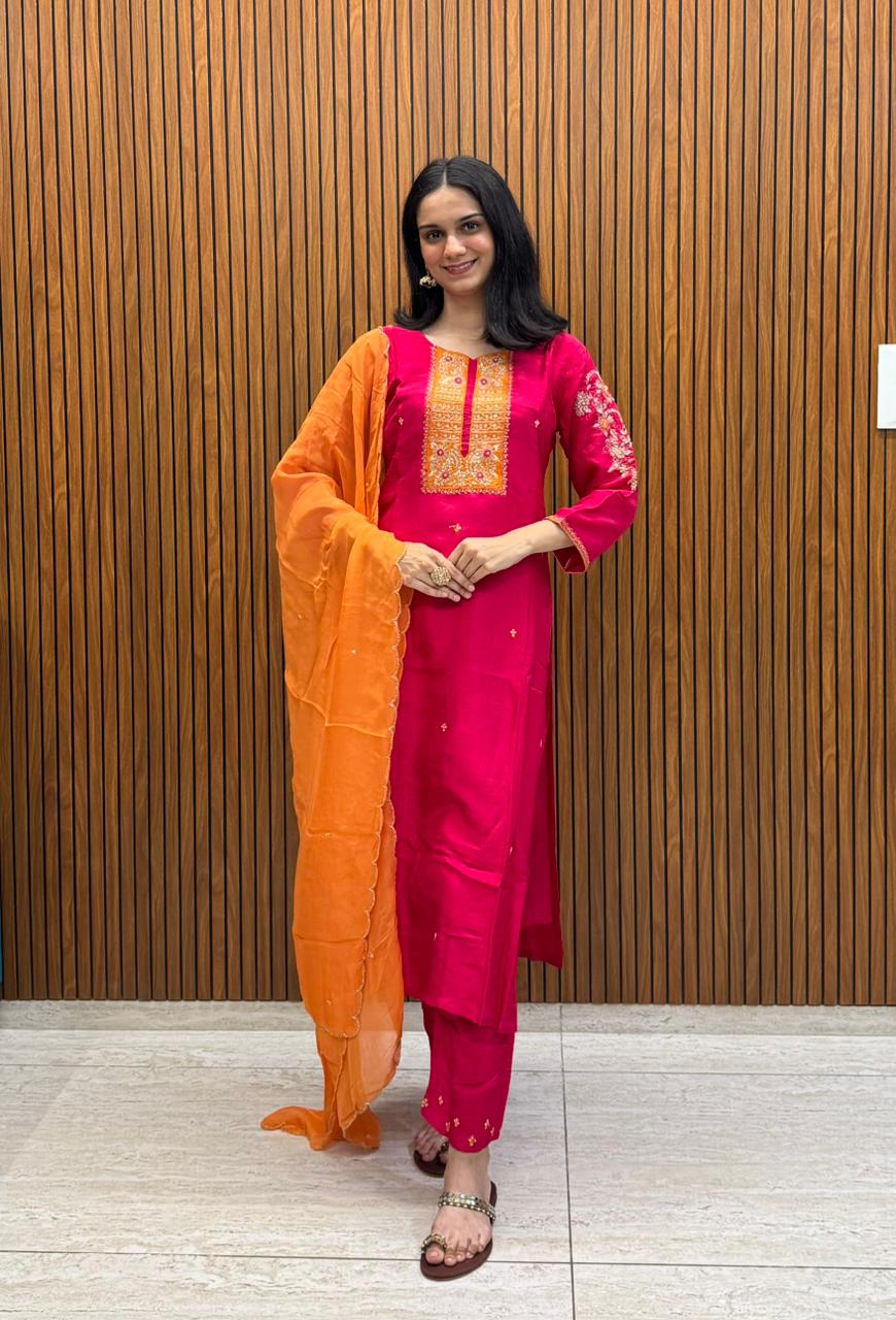 Pink Kurta Pant Dupatta Set With Hand Embroidery.