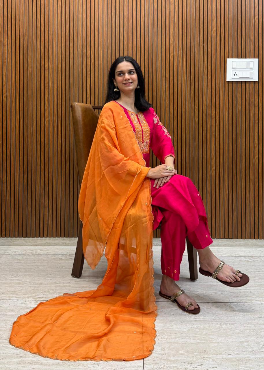Pink Kurta Pant Dupatta Set With Hand Embroidery.