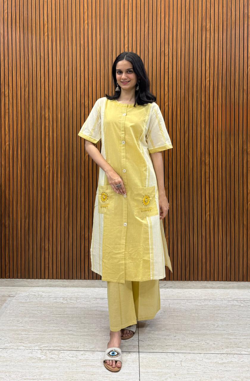 Kurta Palazzo Set In Mustard Shade With Fine Pocket Work In Handloom Cotton.