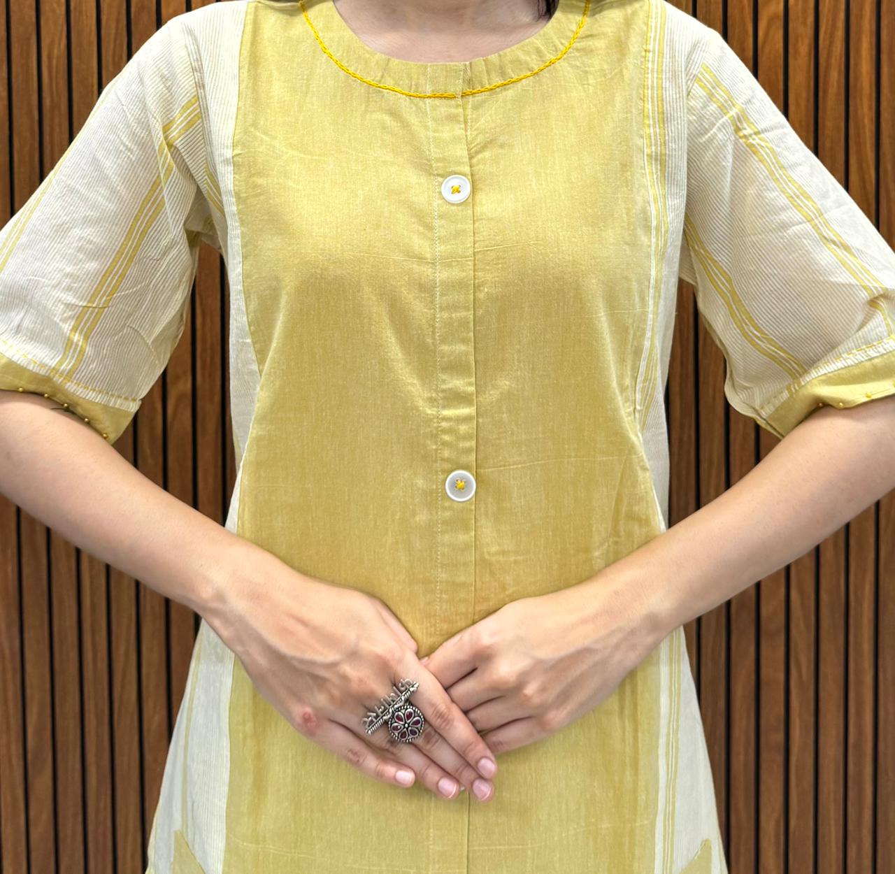 Kurta Palazzo Set In Mustard Shade With Fine Pocket Work In Handloom Cotton.