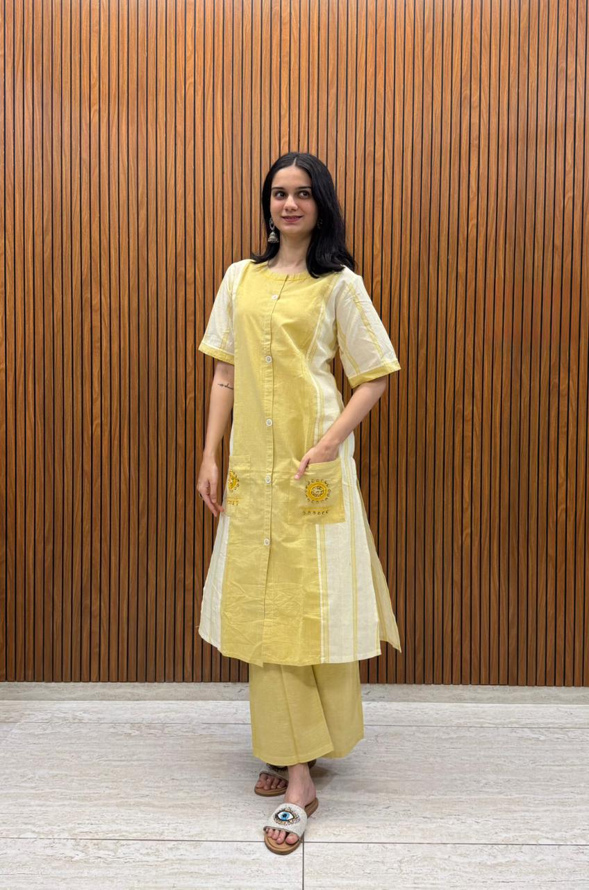 Kurta Palazzo Set In Mustard Shade With Fine Pocket Work In Handloom Cotton.
