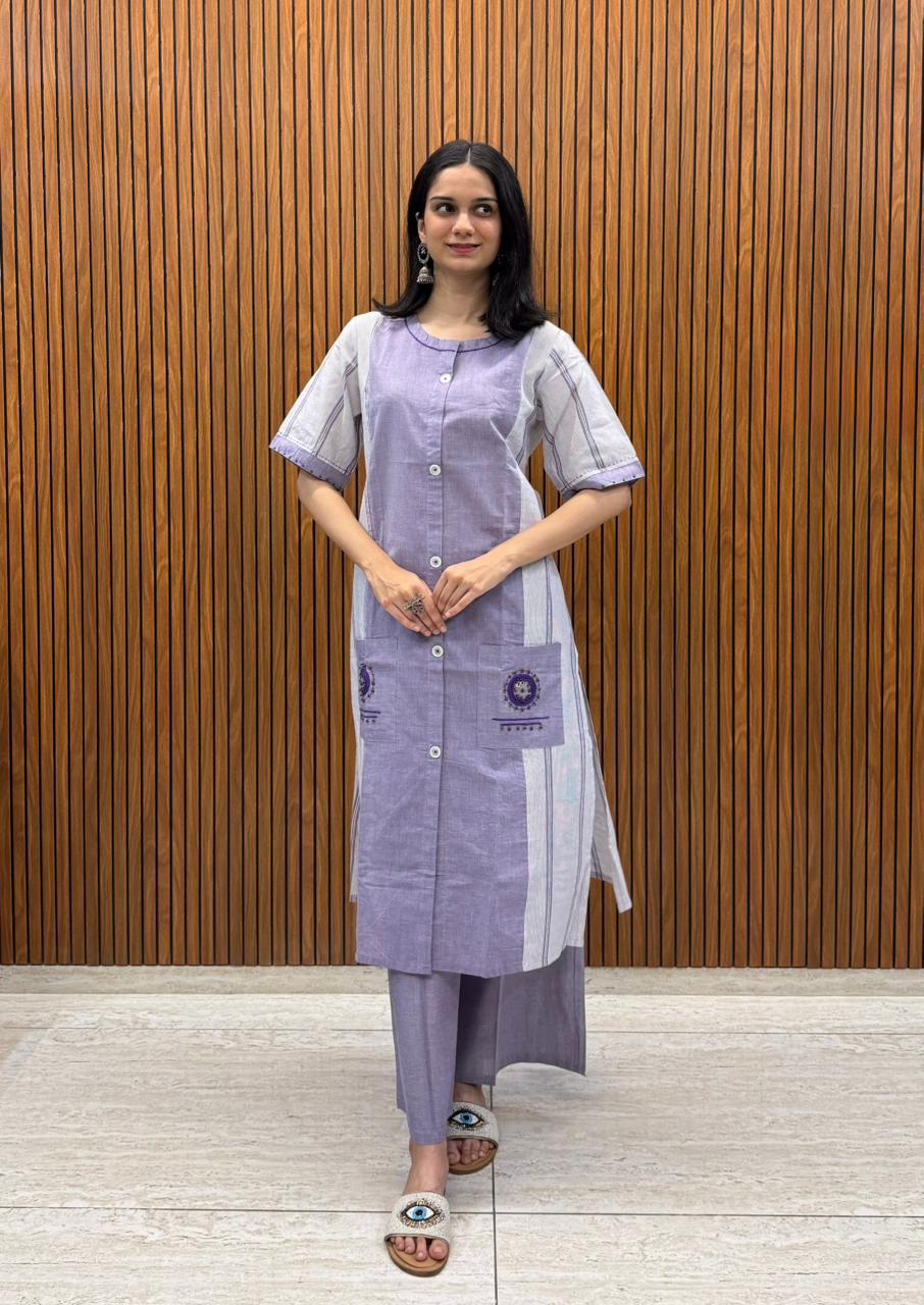 Kurta Palazzo Set In Lilac Shade With Fine Pocket Work In Handloom Cotton.