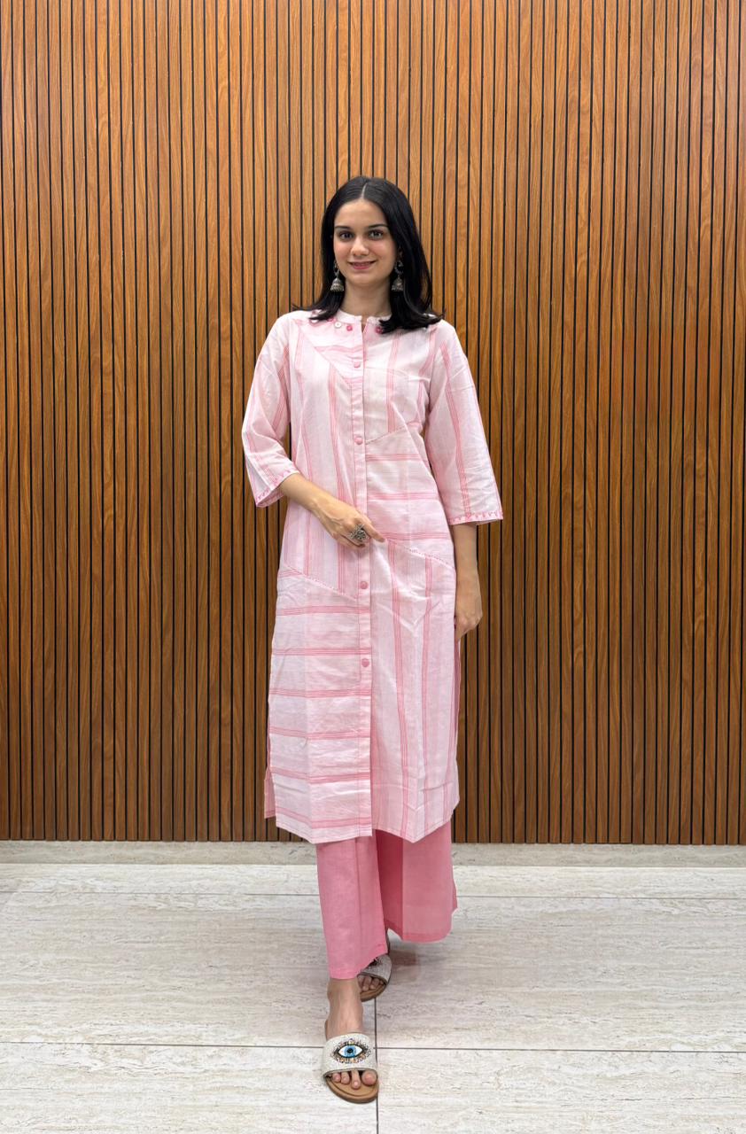 Kurta Palazzo Set In Pink Shade With Fine Pocket Work In Handloom Cotton.