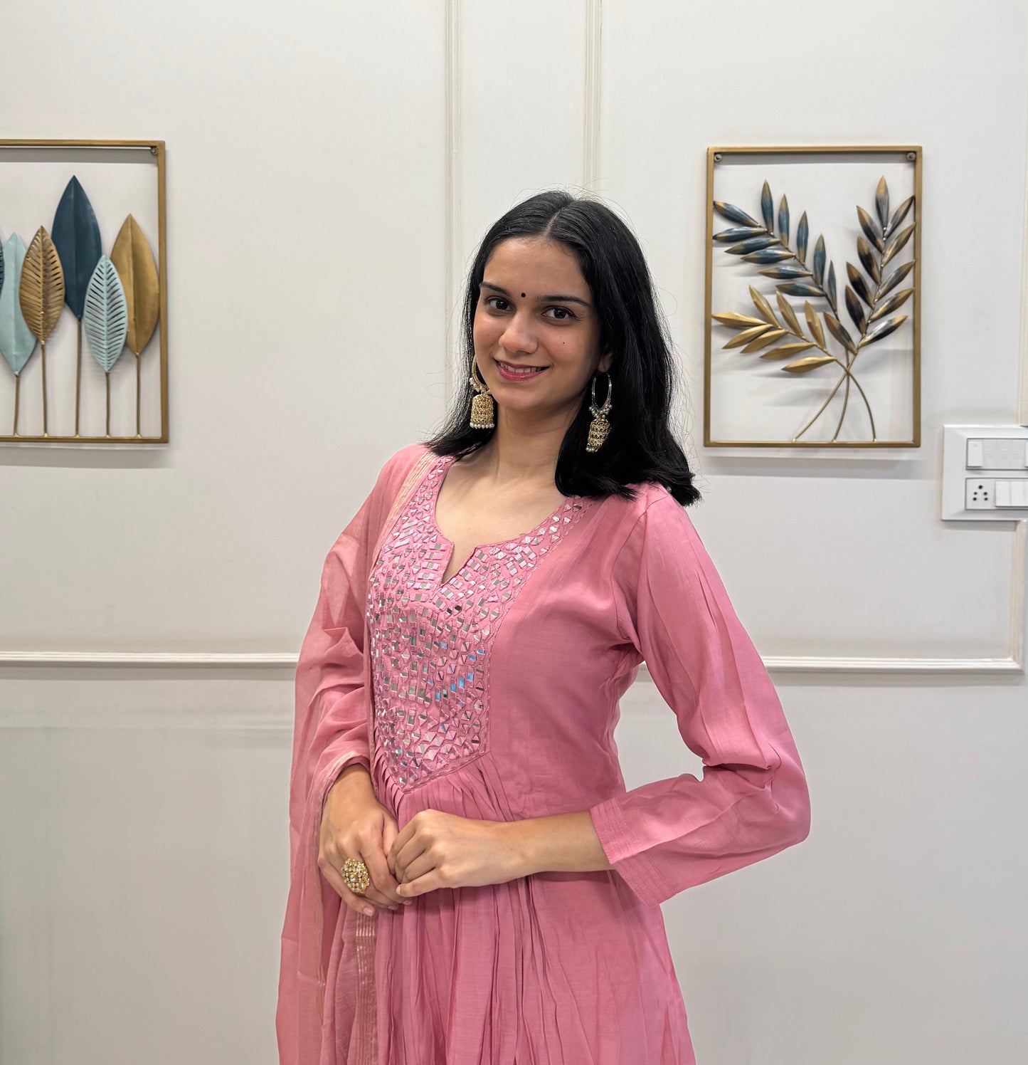 Blush Pink Muslin With A Flowy Flare And Intricate Mirror Detailing On The Yoke.